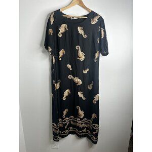 Vtg La Cera Dress Womens Large‎ Black Tan Rayon Seahorse Print Midi Boho Beachy